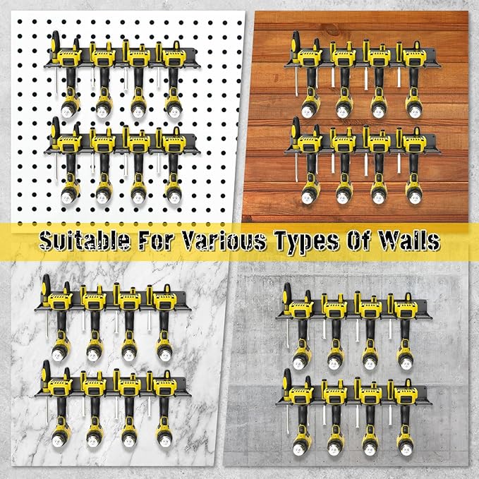 2 Pack Drill Holder Wall Mount, Power Tool Organizer, 4 Cordless Metal Drill Racks with Screwdriver Hole, Heavy Duty Garage Tool Organizer Storage Rack for Workshop Tool Room Basement