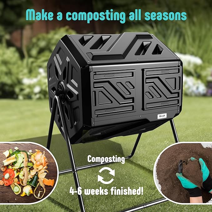 Compost Bin, Outdoor Composter, Fast Assembly 43 Gallon Dual Chamber Outdoor Compost Tumbler, Heavy Duty Tumbling Rotating Composter for Patio, Garden, Yard, Black, Easy Setup, Gloves Included