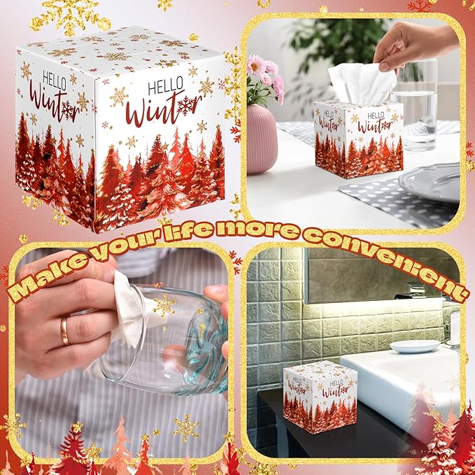 Bencailor 12 Pack Snowflake Facial Tissues Cube Boxes Winter Christmas Tree Square 600 Sheets 3 Ply Small Tissues Cube Boxes for Home Car Accessories(Red,Christmas Tree)