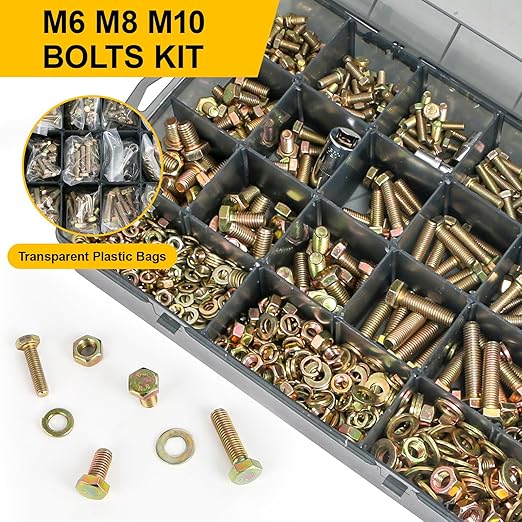 1004Pcs Grade 8.8 Metric Bolts Assortment, Hex Heavy Duty Bolts and Nuts Set, M6 M8 M10 (12mm to 45mm), Comes with 3 Bits（Yellow Zinc Plated）