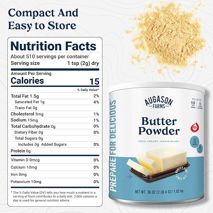 Augason Farms Butter Powder Can - Gluten Free Salted Butter for Cooking, Baking & Everyday Use - Long Term Emergency Food Supply - Shelf Stable dehydrated food - 510 Servings