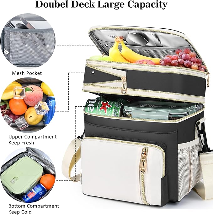 LOKASS Expandable Lunch Box for Women Men | Adult Lunchbag Cooler Tote Bag with Adjustable Shoulder Strap | Insulated Reusable Womens Lunch Bags for Work Camping Beach | 16L, Black-Polyester