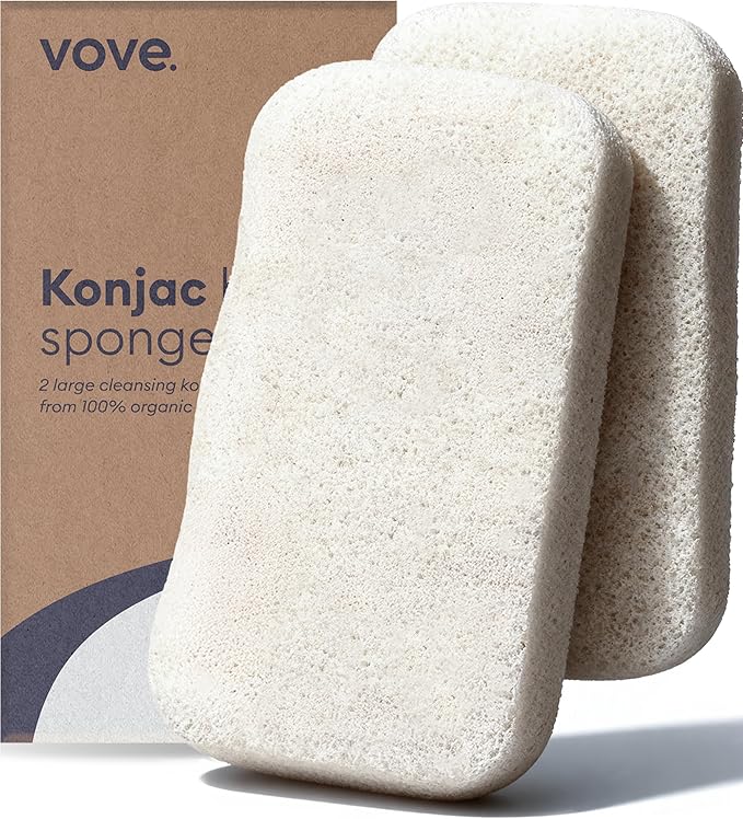 Vove Organic Konjac Body Sponges 2-Pack - Natural Full Body Exfoliating Shower Sponges, Gentle Plant-Based Cleansing for All Skin Types, Microplastic-Free Biodegradable, Certified Organic