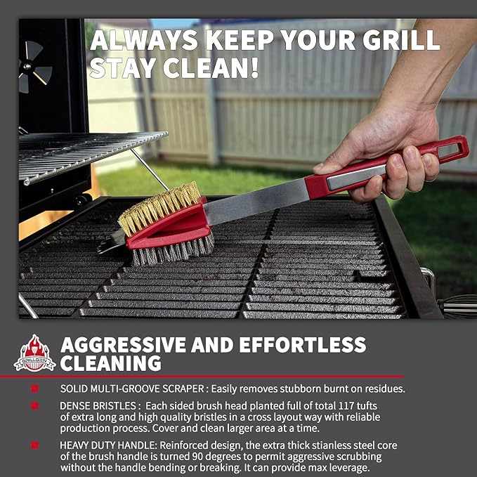 GRILLGEN Grill Brush and Scraper- Heavy Duty Grill Brush with Steel and Brass Bristles BBQ Cleaner for Outdoor Grills,BBQ Accessories for Porcelain, Cast Iron, Stainless Steel Grates