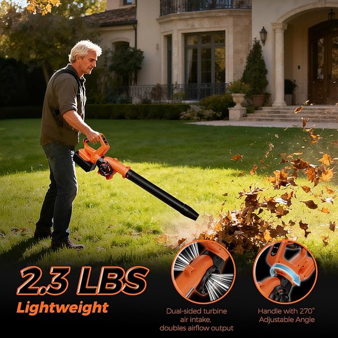 COMOWARE Leaf Blower Cordless, 210 CFM & 3 Speed Levels, Electric Cordless Leaf Blower with 4.0Ah Battery, 270° Adjustable Handle, 3 Nozzles, Blowers for Lawn Care, Yard, Blowing Leaves, Dust, Snow