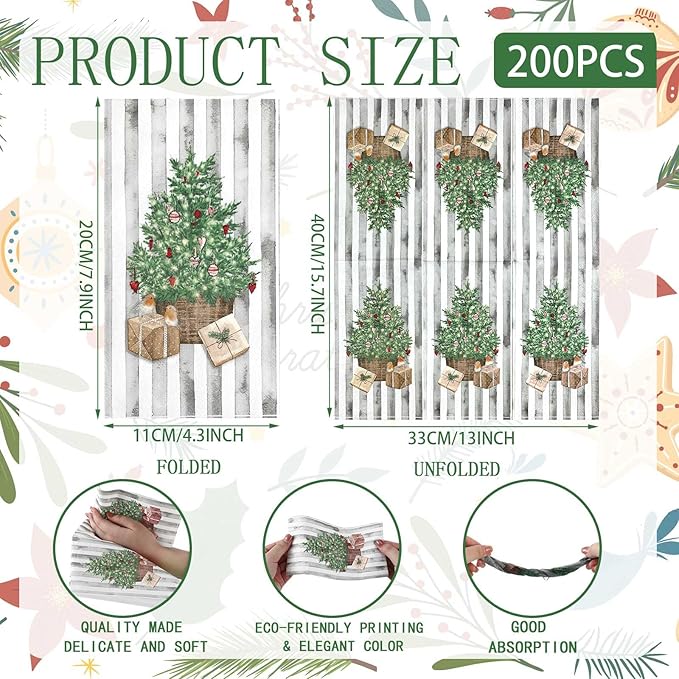 Jetec 200 Pieces Christmas Napkins Christmas Tree Disposable Guests Paper Napkins Winter Stripes Disposable Hand Towels for Bathroom Christmas Decorative for Xmas Dinner Wedding Birthday Party