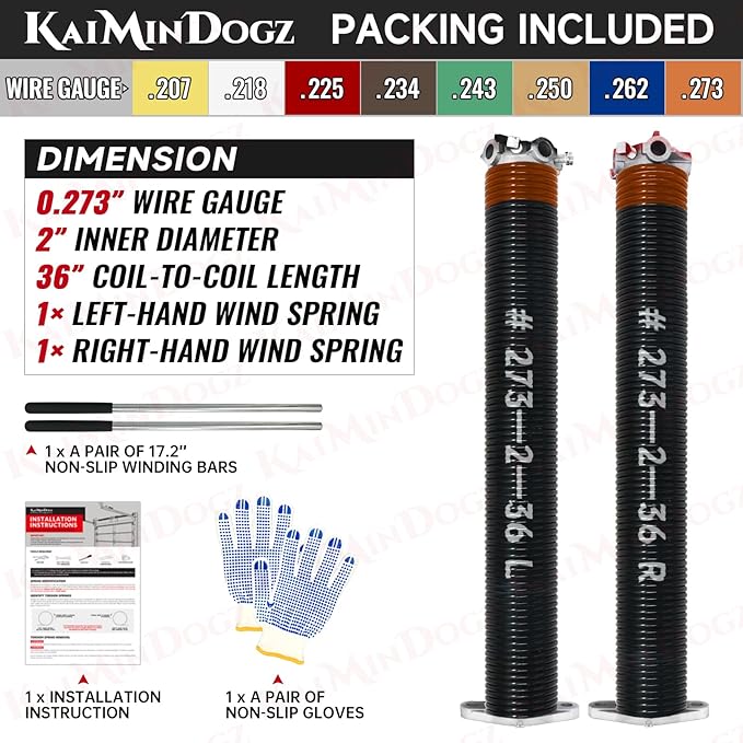 Pair of 2" Garage Door Torsion Springs Set with Non-Slip Winding Bars&Gloves, High Quality Precision Electrophoresis Oil-Free Black Coated for Replacement, MIN 16,000 Cycles (0.273x2''x36'')
