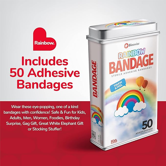 BioSwiss Kids Bandages, Rainbow Shaped Self Adhesive Bandage Set, Latex Free, Sterile Wound Care, 50 Count