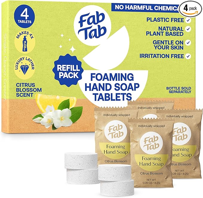 Fabtab Convenient And Easy To Use Foaming Hand Soap Refills - Hand Soap Tablets For A Guilt-free Cleaning Experience - Citrus Scent- Makes 4 X 11.9 Fl Oz (bottle Not Included) - Hand Soap Refills