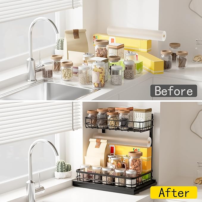 Under Sink Organizer, Adjustable Height Pull-Out Kitchen Storage Organization,15.8" x 11.8" x 16.5",2-Tier Kitchen Shelf,Bathroom Drawer Organizer, Black
