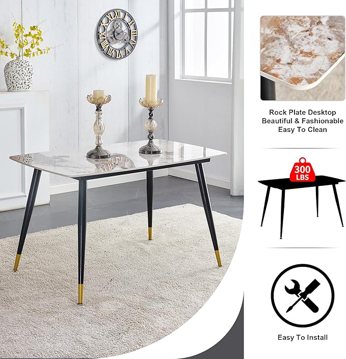 Marble Modern Dining Table Set for 4, 50" Sintered Stone Kitchen Table and 4 Upholstered Suede Leather Chair Dining Room Table Set for 4(1Marble Table and Brown Chairs Set of 4)