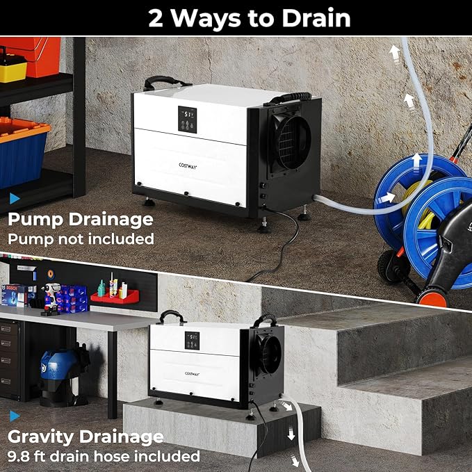 COSTWAY 192 PPD Commercial Dehumidifier, 2600 Sq.Ft Crawl Space Dehumidifier with 9.8 FT Drain Hose & Wired Remote Control Panel, Ideal for Basement, Warehouse, Job Site (White)