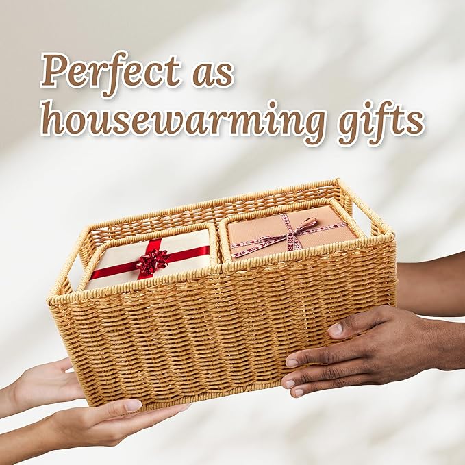 Wicker Basket with Handle, Shelf Baskets for Organizing, Woven Organization Storage with Handles, Resin Wicker Set of 3, Latte