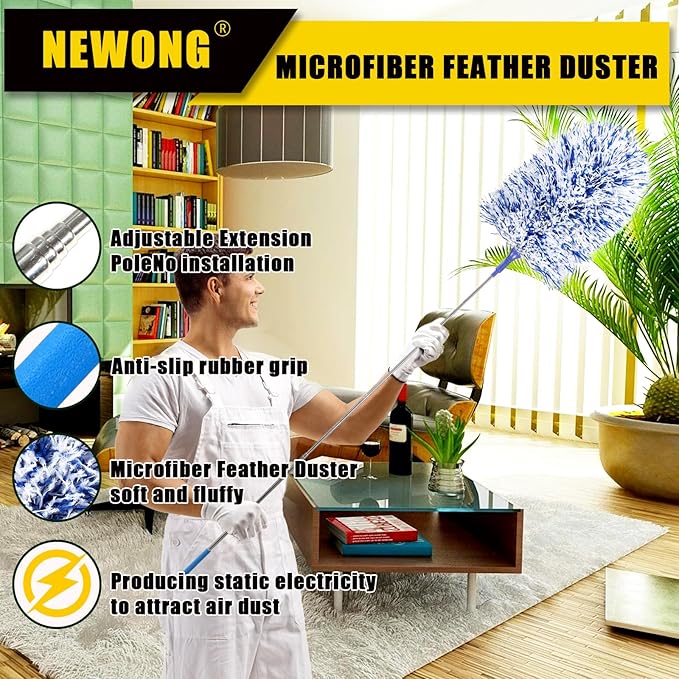 20-49inches Extendable Microfiber Feather Duster with 10pcs Replaceable Heads, Extra Long Bendable Duster for Cleaning, Electrostatic Dust Remove for Furniture, Ceiling, Window,etc (Navy Blue)