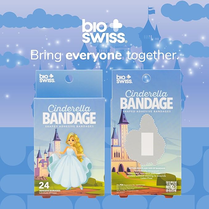 BioSwiss Kids Bandages, Princess Cinderella Shaped Self Adhesive Bandage Set, Latex Free, Sterile Wound Care, 24 Count