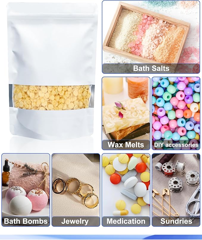 FireKylin 100 Pack Smell Proof Bags, Resealable Bags with Matte Window, Foil Pouch Stand Up Sealable Bags for Packaging（White,3.5" x 5.1"）