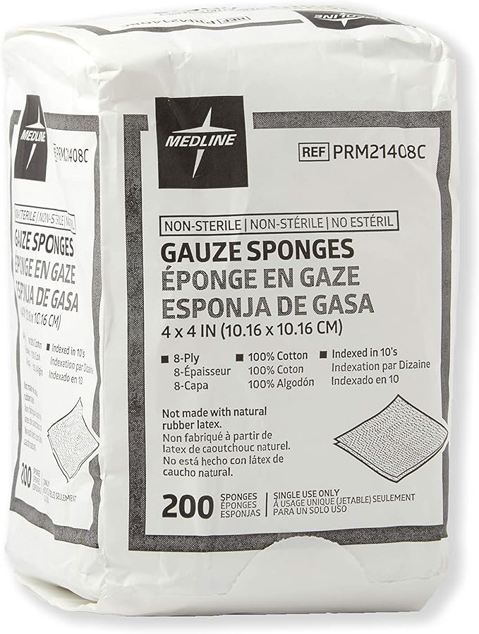 Medline 4 x 4 Inch Gauze Sponges, Non-Sterile 8-Ply Woven Gauze, 100% Cotton, Ideal for Wound Dressing, Wound Care, General First Aid Use, Pack of 200