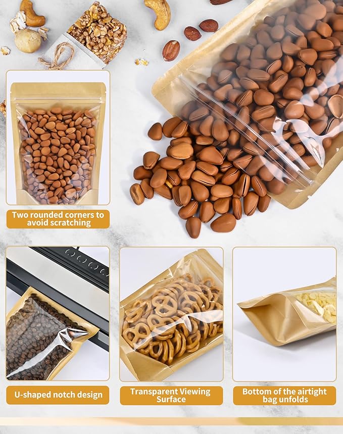 FireKylin Resealable Stand Up Pouches with Zipper 100 PCS, 4.7" x 7.9", Paper Bags, With Window, Clear Fornt Pouches, Food Storage, Brown