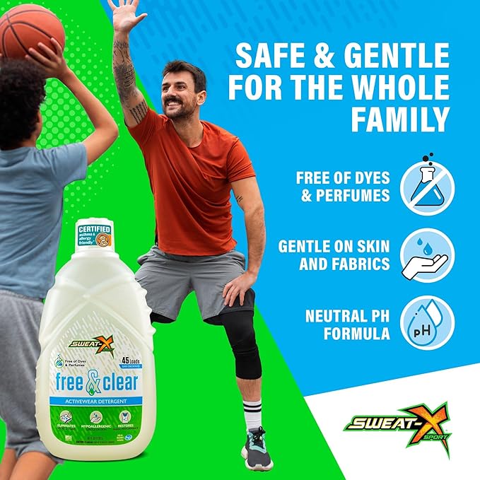 Sweat X Free & Clear Activewear Laundry Detergent – Certified Asthma & Allergy Friendly® – Hypoallergenic – Remove the Worst Odors & Toughest Stains – High-Performance Sports Wash – 45 Loads – 1 Pack