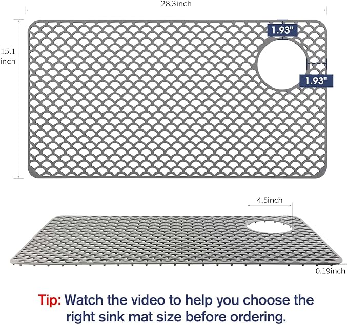 Silicone Sink Protector 28"x15" right Drain Hole, Heat Resistant Non-slip Dishwasher Suitable, Large Sink Mat for Bottom of Farmhouse Kitchen Stainless Steel Sinks(Grey)