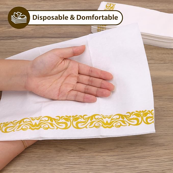 Moretoes 120 Pack Disposable Paper Hand Towels for Bathroom, Linen-Feel 12" x 17" Single-Use Bathroom Napkins for Guests, Disposable Cloth-Like Hand Tissue Paper, Gold and White