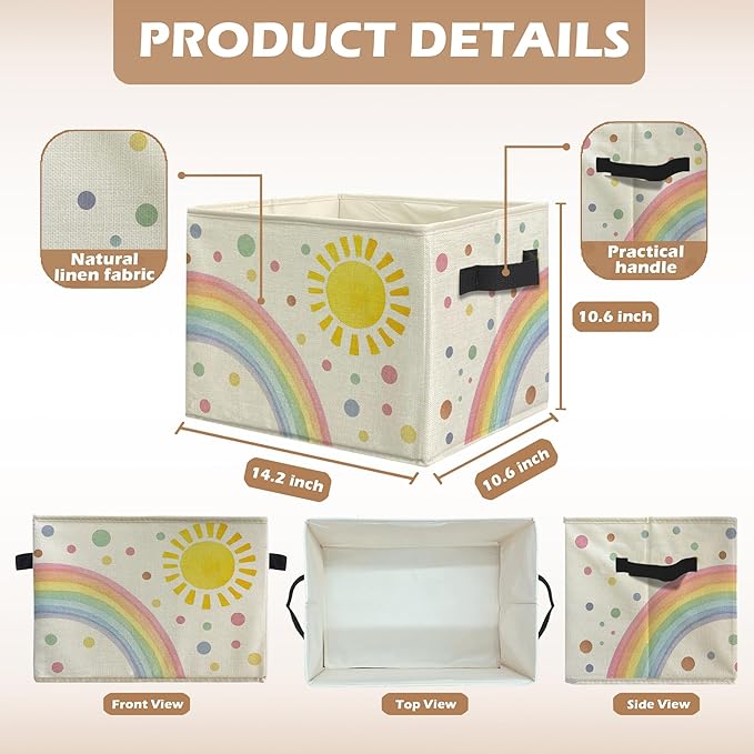 Boho Sun Rainbow Nursery Storage Bins, Colorful Boho Sunshine Collapsible Storage Box Laundry Basket with Handle for Kids Bedroom Bathroom Playroom Nursery Clothes Toys Books