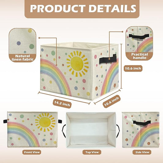 Boho Sun Rainbow Nursery Storage Bins, Colorful Boho Sunshine Collapsible Storage Box Laundry Basket with Handle for Kids Bedroom Bathroom Playroom Nursery Clothes Toys Books