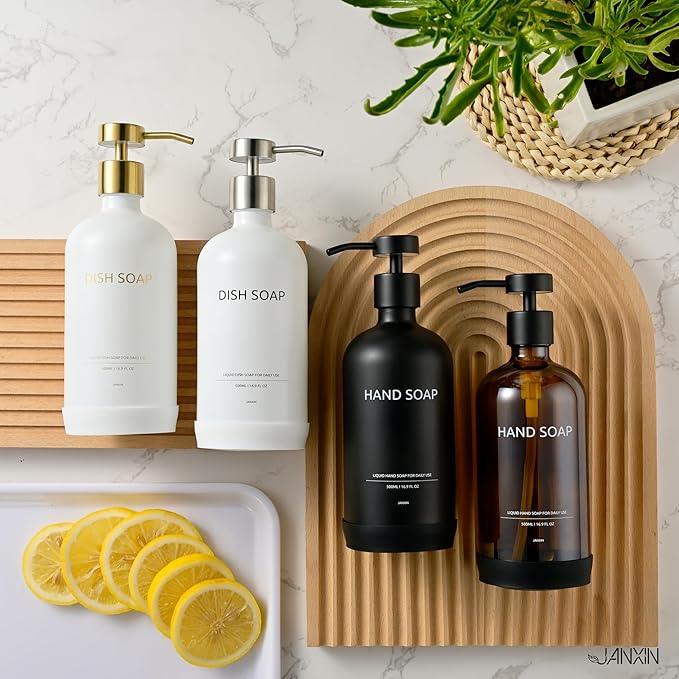 Soap Dispenser Set with Non-Slip Protective Silicone Pad, Hand Soap Dispenser for Bathroom and Kitchen Decor, White and Black Accessories (White Bottles + Black Pumps)