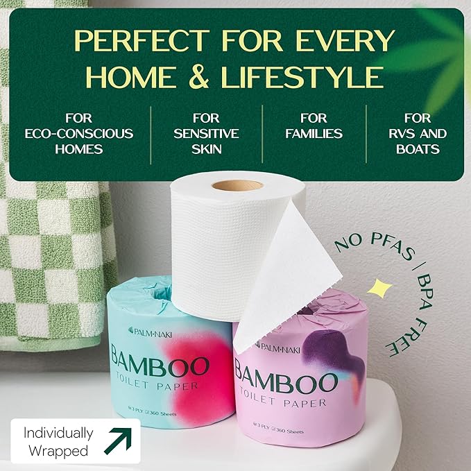 Premium Bamboo Toilet Paper | 3-Ply – Strong & Absorbent | Tree-Free, FSC Certified, BPA/PFAS-Free | Septic-Safe, Lint-Free | 12 Mega Rolls (360 Sheets/Roll) | PALM NAKI