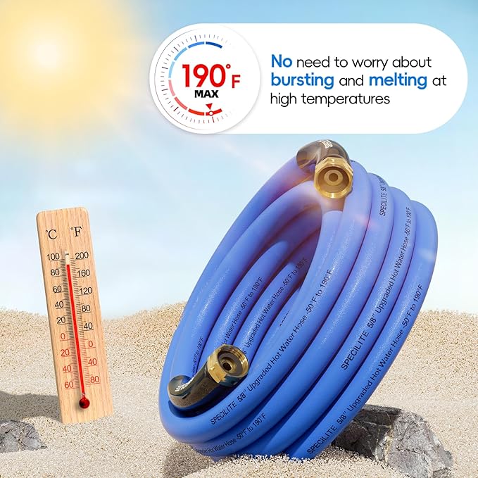 SPECILITE Female to Female Hot/Cold Garden Water Hose 15 ft x 5/8 Inch for Hose Reel, -50℉To 190℉, Heavy Duty, Flexible, Burst 605 Psi, Rubber Extension Pipe with 3/4" Brass Fittings