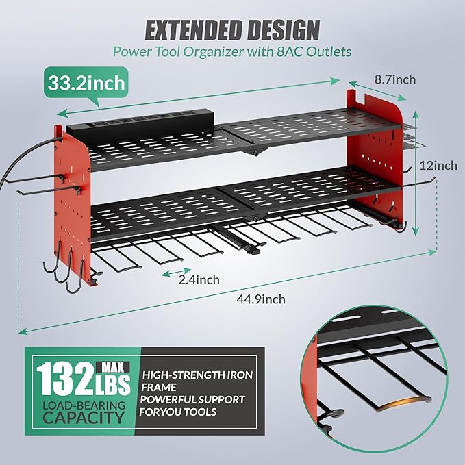 Suchtale Power Tool Organizer Wall Mount with Charging Station,33.2" Garage Storage,8 Drill Holders,3 Layers Heavy Duty Metal Shelf,Built in 8 Outlets Power Strip,Christmas Gift for Dad,Men,Red
