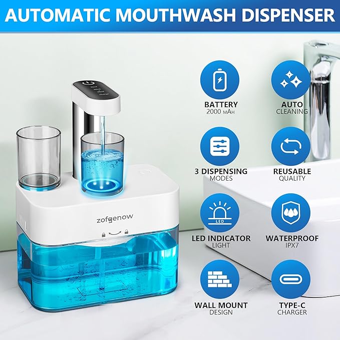 Upgraded Automatic Mouthwash Dispenser for Bathroom,Bathroom Accessories 17.6 FlOz Dispensers with Magnetic Cups,Adjustable Dispensing Levels, Suitable for All Age Groups,White