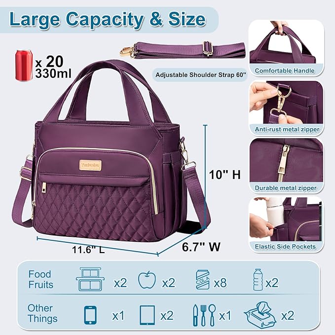 Lunch Bag Lunch Box Women - Insulated Lunch Tote Bag for Women Men, Leakproof Large Womens Lunch Bags for Work, Lunch Cooler Bag for Adult with Side Pocket for Picnic, Hiking, Beach (Purple)