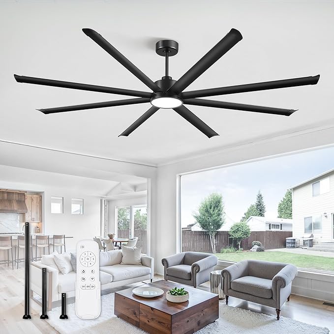 ZMISHIBO 96 Inch Ceiling Fans with Lights, Large Indoor/Outdoor Industrial Ceiling Fan with 8 Aluminum Reversible Blades, Quiet DC Motor, 3CCT&6-Speed Remote Control, Damp Rated for Shop/Garage/Gazebo