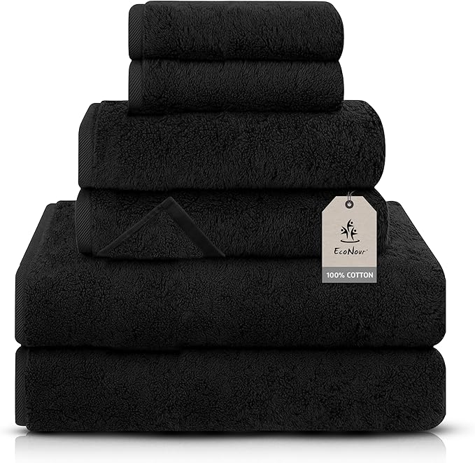 EcoNour Luxury 6-Piece Cotton Towel Set | 100% Black Turkish Cotton Towels for Bathroom, Spa, Gym & Hotel | Includes 2 Bath Towels, 2 Hand Towels, 2 Wash Cloths | Soft, Quick Dry & Highly Absorbent