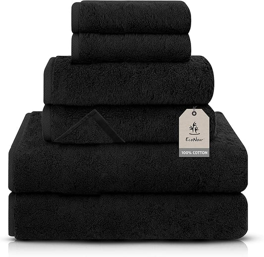 EcoNour Luxury 6-Piece Cotton Towel Set | 100% Black Turkish Cotton Towels for Bathroom, Spa, Gym & Hotel | Includes 2 Bath Towels, 2 Hand Towels, 2 Wash Cloths | Soft, Quick Dry & Highly Absorbent