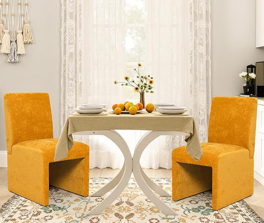 Upholstered Dining Chairs Set of 2 Modern Kitchen & Dining Room Chairs Linen Fabric Dining Chairs with Wooden Frame, Yellow