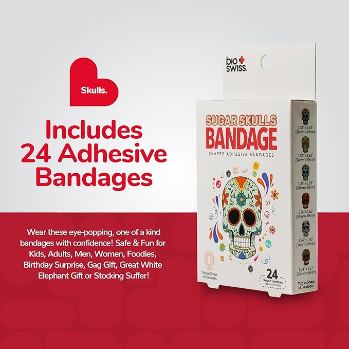 BioSwiss Kids Bandages, Sugar Skull Shaped Self Adhesive Bandage Set, Latex Free, Sterile Wound Care, 24 Count