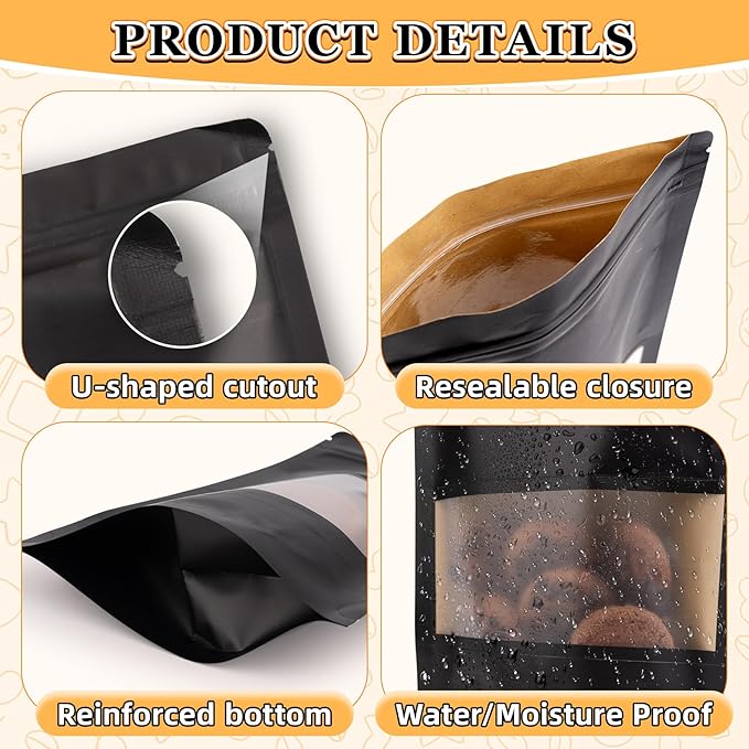Mylar Bags for Food Storage, 100 Pack Smell Proof Bag with Window, Resealable Bags for Small Business, Candy Bags, Dog Treat Bag, Bakery Packaging, Stand Up Pouch (4.7"x7.9")
