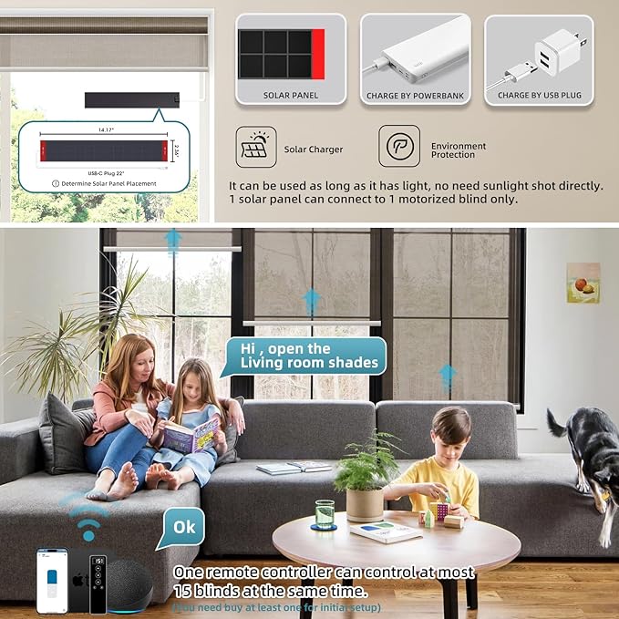 SmartWings Motorized Light Filtering Shades, 50% Blackout PVC Free Smart Blinds, Custom Size, Rechargeable Battery, Works with Matter/Apple HomeKit, Alexa, Thread/Zigbee, Remote Optional, 50% Cocoa