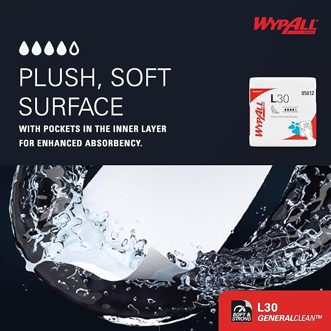 WypAll GeneralClean L30 Cloths Heavy Duty Cleaning Wipes (05812), Quarterfold, Strong and Soft Bulk Paper Wipers, White (12 Packs of 90 Sheets, 1,080 Sheet Total)