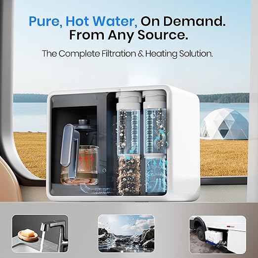 RP001W Portable Water Filter Reverse Osmosis Countertop, 5 Stage UV RO Filtration 1.06 Gal Water Tank,304 Stainless 0.8L Heating Kettle, Portable Water Purifier Dispenser for RV/Travel/Home, White