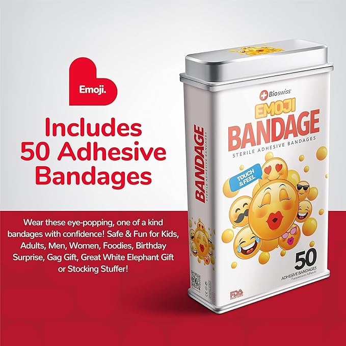 BioSwiss Kids Bandages, Emoji Shaped Self Adhesive Bandage Set, Latex Free, Sterile Wound Care, 50 Count