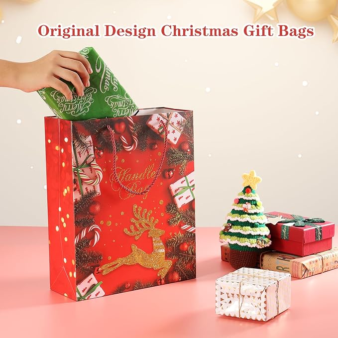 Rusikia 12 Christmas Gift Bags with 12 Tissues and 1 Satin Ribbon, Red Party Favor Bags Bulk with Handles, Glittery Cute Tree Balls Merry Deer Paper Bag for Wrapping Present (Small 9"x7"x3")
