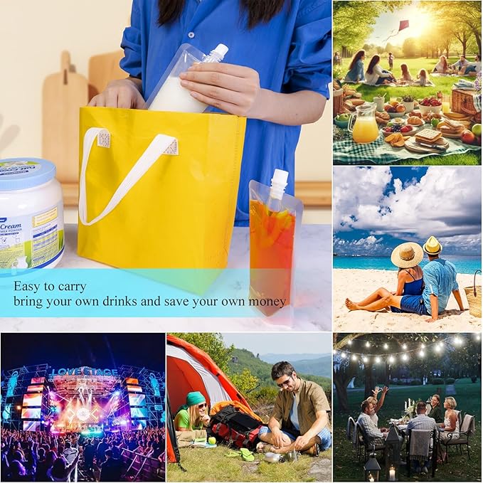 60PCS 8OZ Plastic Flasks,Reusable Drink Pouches with Funnel,Spouted Drinking Bags for Liquid Drink Juice,Leak-Proof Food Grade for Travel Outdoor Sports Concert Cruise Events