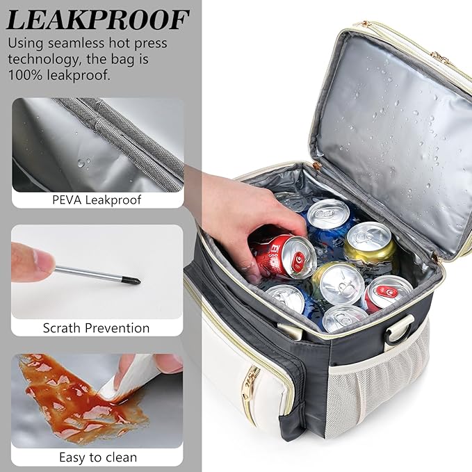 LOKASS Lunch Bag& Lunch Box for Men Women Double Deck,Large Insulated Adult Lunch Box Leakproof Lunchbox Cooler Bag for Work Picnic Beach,（Gray&White）