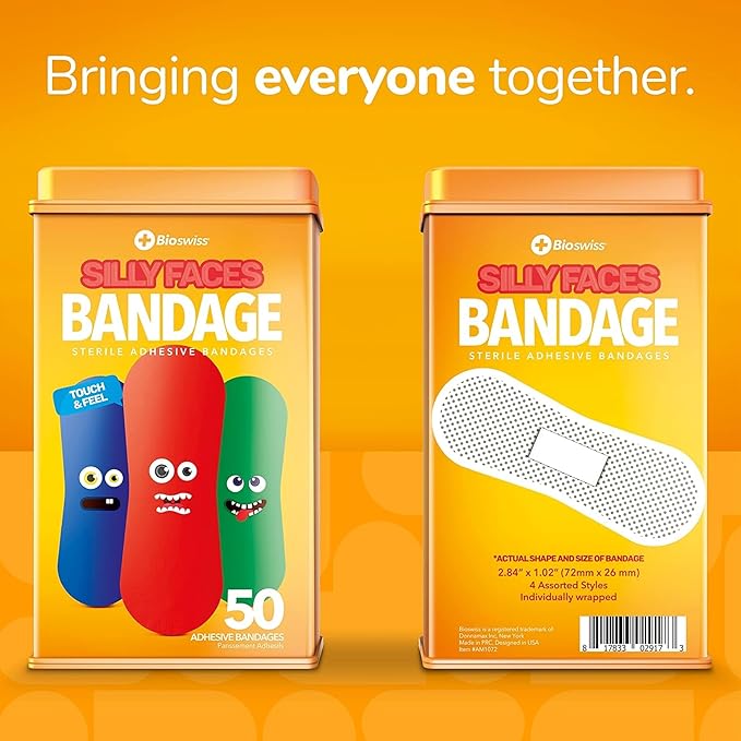 BioSwiss Kids Bandages, Silly Faces Shaped Self Adhesive Bandage Set, Latex Free, Sterile Wound Care, 50 Count