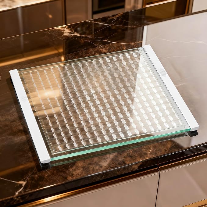 Geometric Relief Tempered Glass Cutting Board for kitchen with Juice Groove, Modern Stylish Non-Slip Glass Chopping Board for Kitchen,Serving Trays for Party,Dishwasher Safe & Easy to Clean