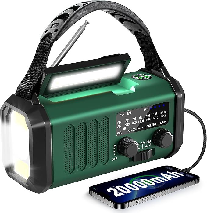 Emergency Hand Crank NOAA Weather Radio with Solar Charging 20000mAh Battery Built-in Flashlight, Reading Light & SOS Alarm AM/FM Weather Bands Compact & Portable for Camping & Emergencies