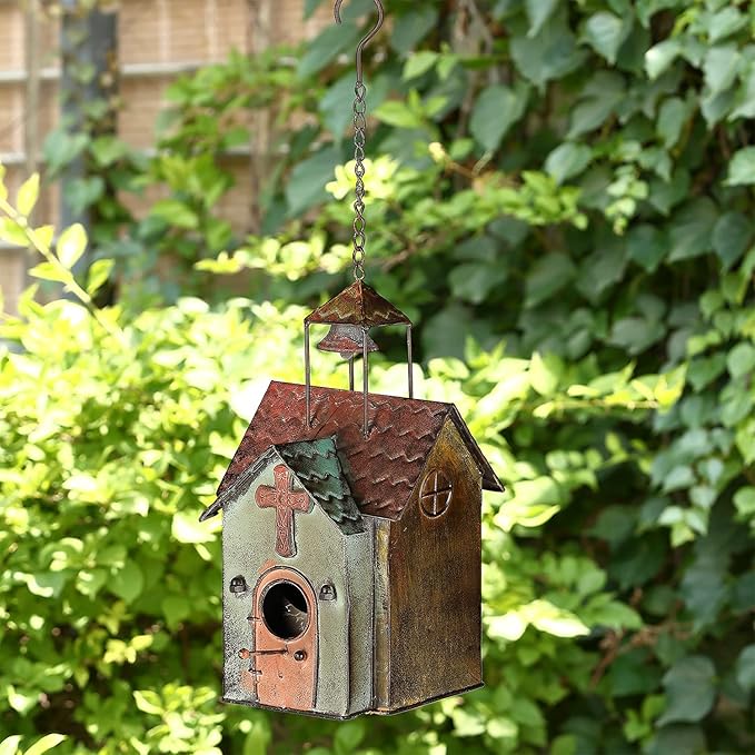 Bird Houses for Outside, Metal Hanging Church Birdhouse